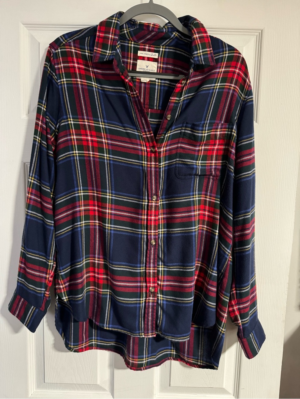 American Eagle Outfitters Navy and Red Plaid Button-Down Shirt